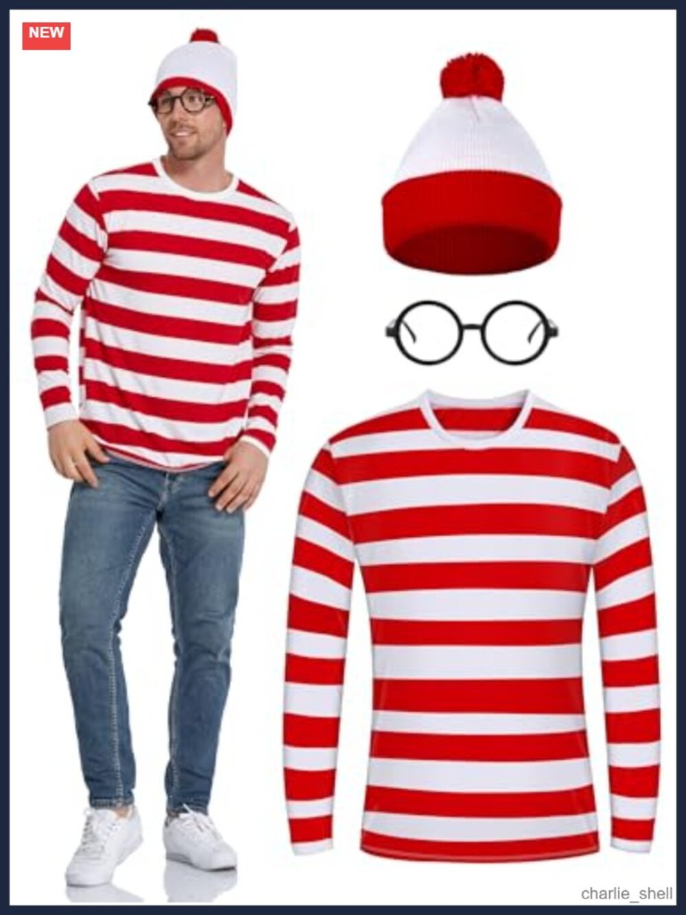 Adult Men Halloween Costume Set Striped Long Sleeve Tee Beanie Nerd Glasses